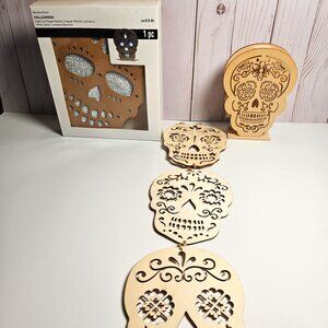 Light up wood Skull, Paper Mache skull and 3 hanging wooden Sugar Skulls DIY